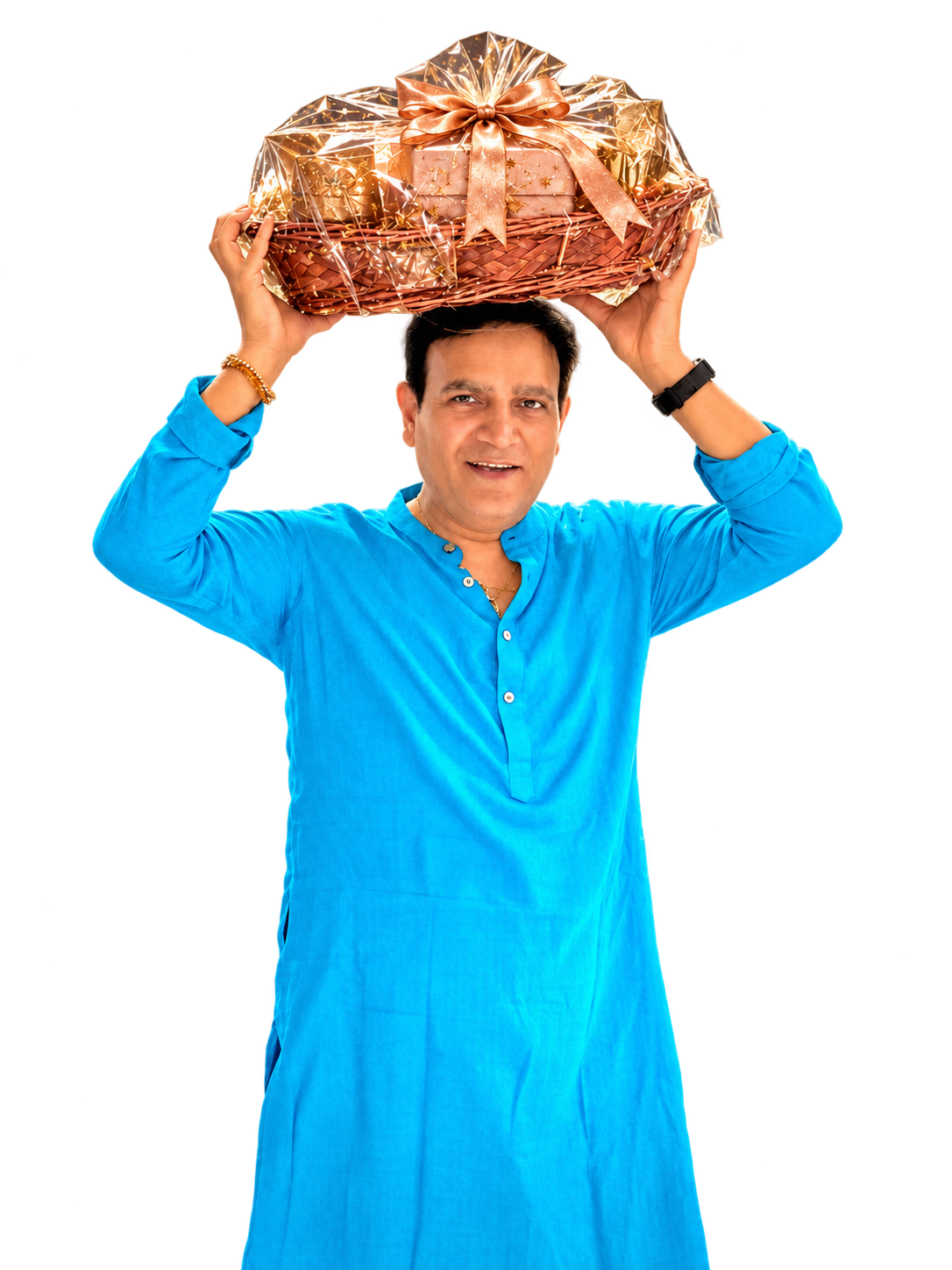 Nirbhay Singh in a bright blue kurta holding a rose-gold gift hamper above his head